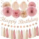 Blush-Pink Champagne Beige Happy-Birthday Party-Decorations - 31pcs 15th Women Girls Paper Lanterns Streamers Banner,Rose Gold Tissue Flowers Pom Poms Fans Tassels Graland Decor Supplies Hugmoon