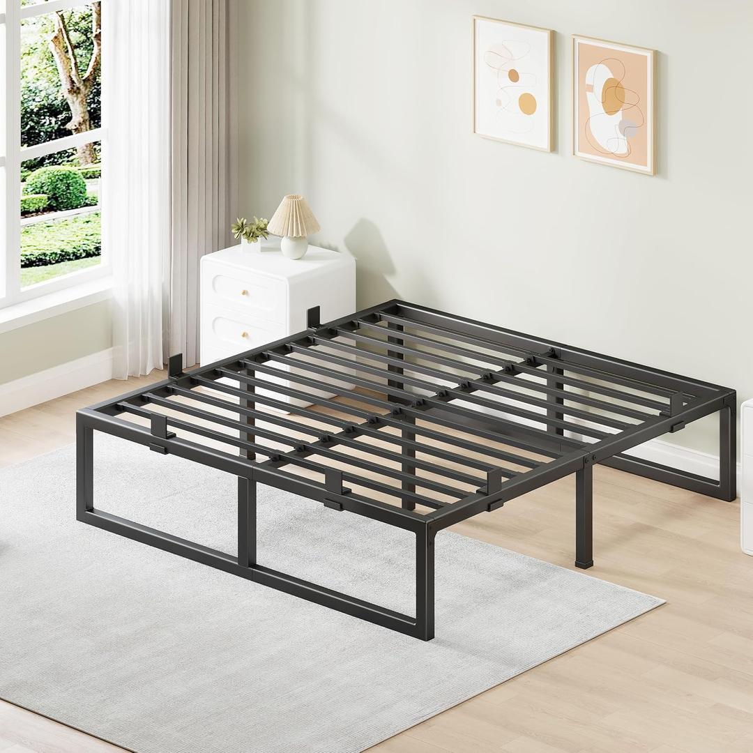 King Size Bed Frame, 14 Inch Metal Platform Bed Frames with Squeak Free U-Slot Design, 6 Non-Slip Guards, 3500lbs Heavy Duty Steel Slat Support, No Box Spring Needed, Under Bed Storage, Black