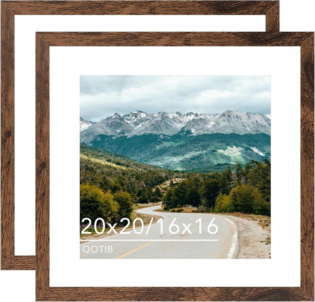 Wood 20x20 Picture Frame with 16x16 Mat Deep Brown, Display 16x16 with Mat or 20x20 without Mat, Wood 20 by 20 Photo Frame, 20 x 20 Frame for Wall Hanging Display, Deep Brown, 2 Pack