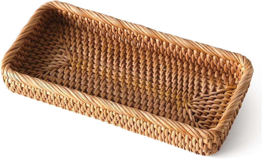 Small Rattan Serving Tray, Natural Wicker Decorative Tray for Trinket Ring Cosmetic, Rectangular Keys Basket Jewelry Perfume Trays for Coffee Table Entryway Living Room(10"  5.1")