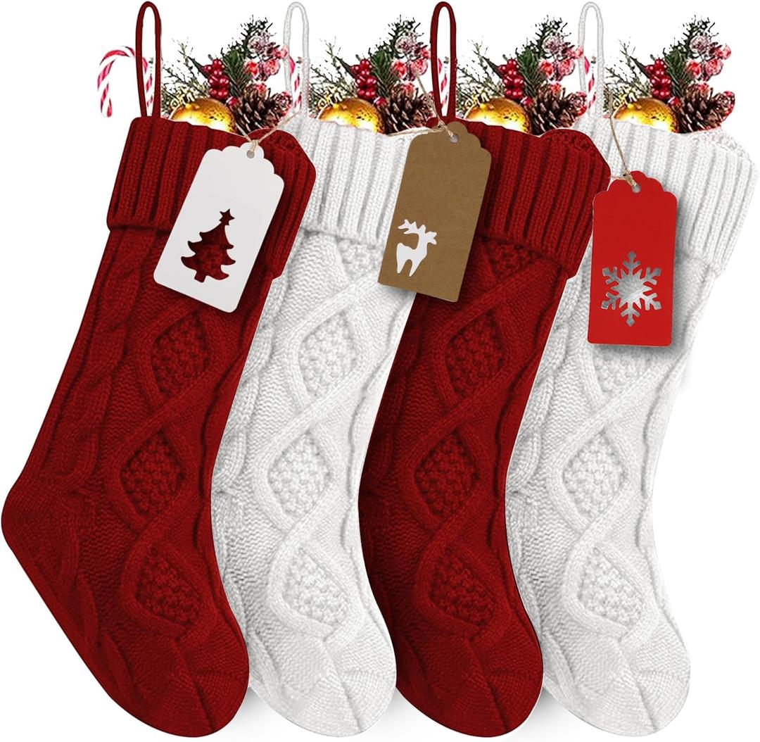 RFAQK 18 Inches Large Christmas Stockings- 4Pcs Burgundy Red, Ivory White- Stretchable Knitted Xmas Stockings with 50Pcs Personalizeable Gift Tags for Family Holiday Christmas Dcor (2red 2white)