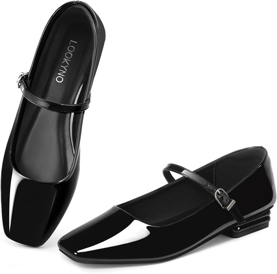 Lookyno Mary Jane Shoes Women Square Toe Mary Jane Flats Casual Ballet Flats with Ankle Strap Dressy Comfortable (8.5, Black)