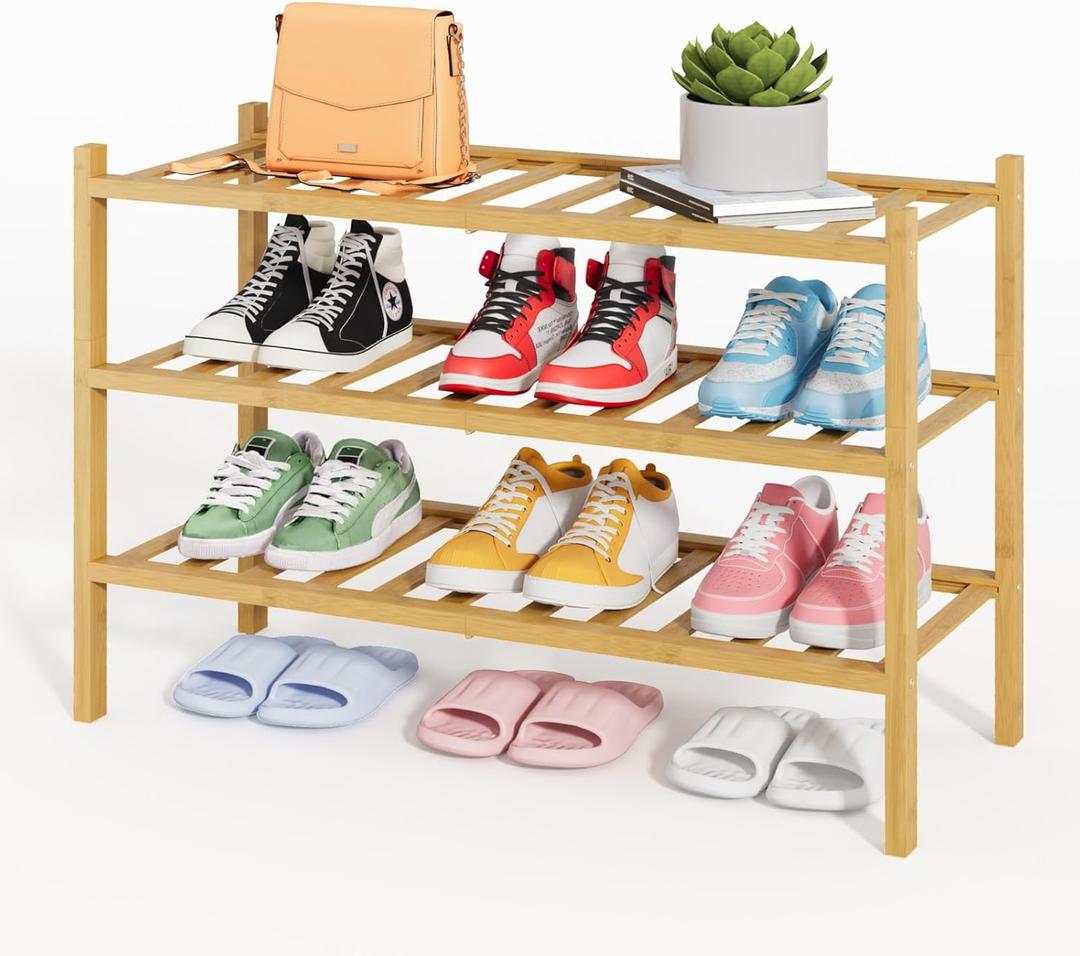 Kitsure Bamboo Wooden Shoe Rack for Closet - Stackable Shoe Organizer with Modular Structure, Space-Saving Shoe Shelf for Entryway, Living Room, Bedroom, 26.8" x 11" x 18.9", Natural (26.8"Wide - 3 Tiers, Nature)