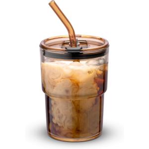 13oz/400ml Tumbler Water Glass, Cups with Straw and Lid Sealed Carry on for Coffee, Iced Tea, Thick Wall Insulated Glass Cup (Amber)