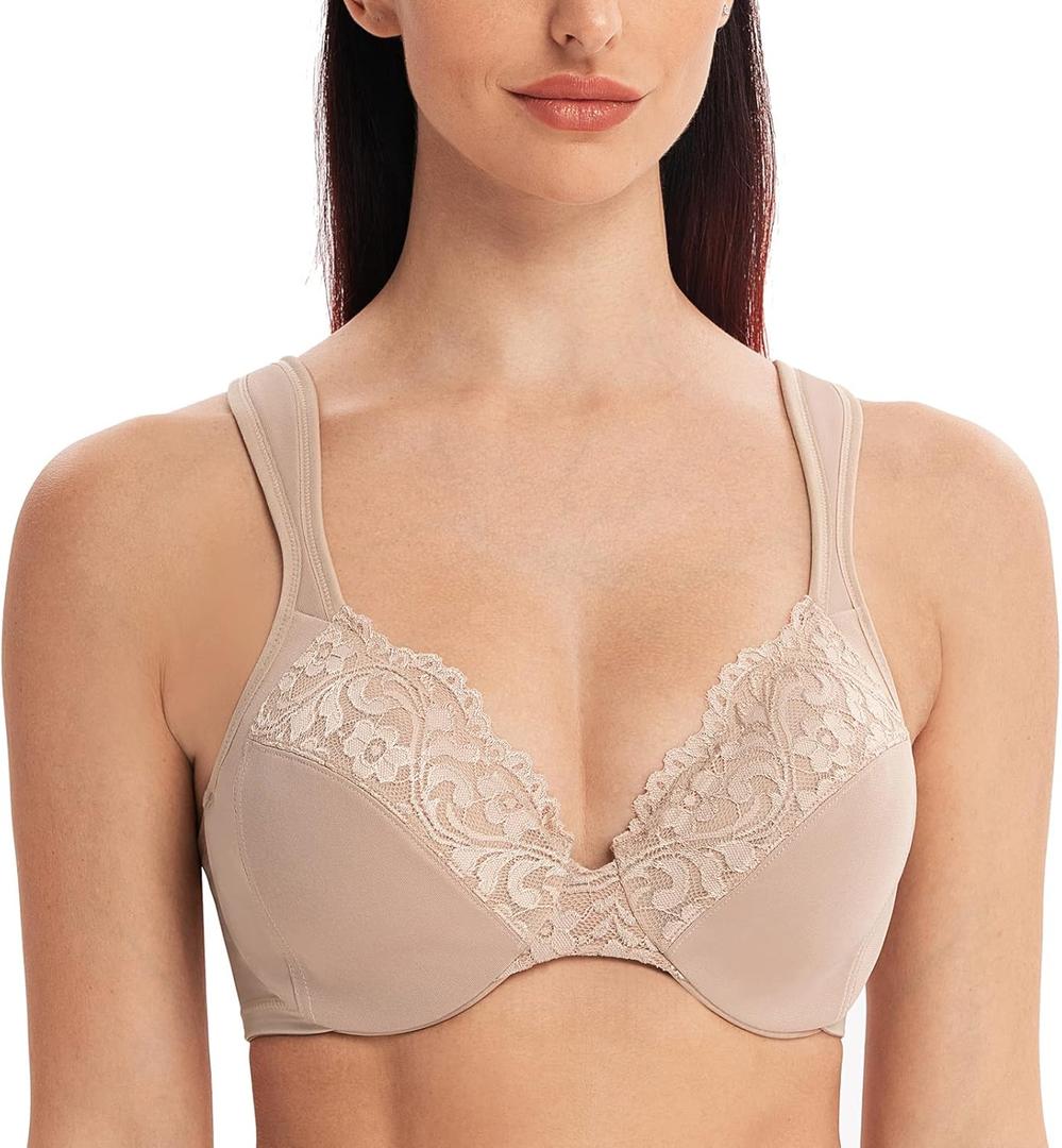 MELENECA Women's Comfort Straps Full Coverage Minimizer Plus Size Lace Underwire Bra (34E, Beige)