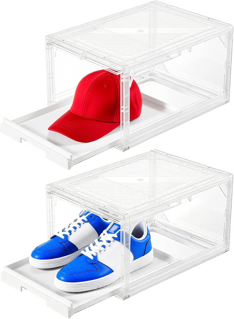 2 Pack Clear Shoe Boxes - Stackable Sneaker Display Case with Sliding Tray and Door, Large Shoe Containers Up to Fit Size 14, Plastic Shoe Storage Box, Great Hat Organizer for Baseball Caps