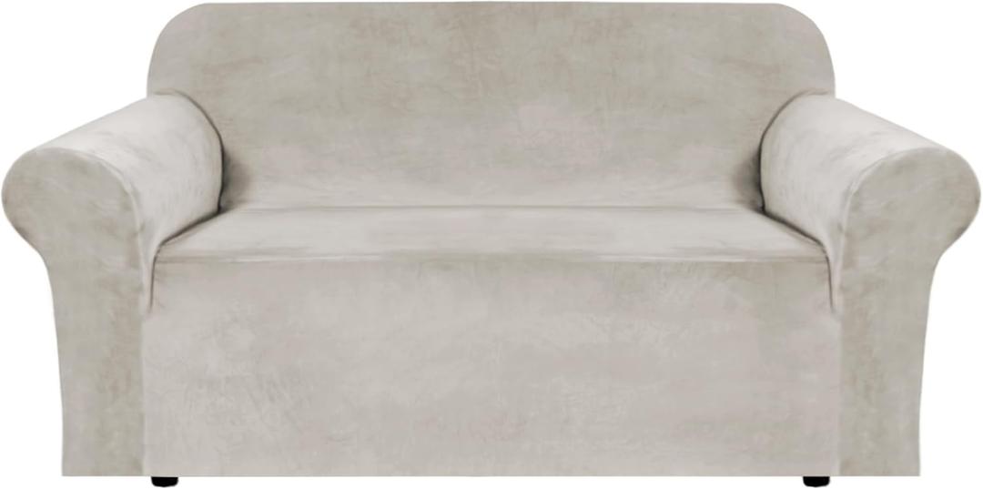 H.VERSAILTEX Stretch Velvet Loveseat Covers for 2 Cushion Couch Covers for Living Room Sofa Covers Slipcovers with Non Slip Straps Bottom, Ultra Thick Comfy Velour (Width 58"-72", Oatmeal)