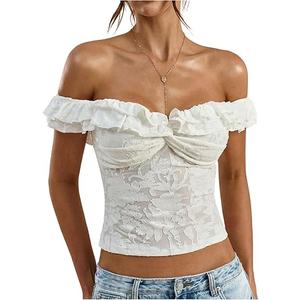 OYOANGLE Women's Floral Mesh Crop Top Jacquard Off The Shoulder Going Out Tops Ruffle Fitted Short Sleeve Tee Shirts White, Large