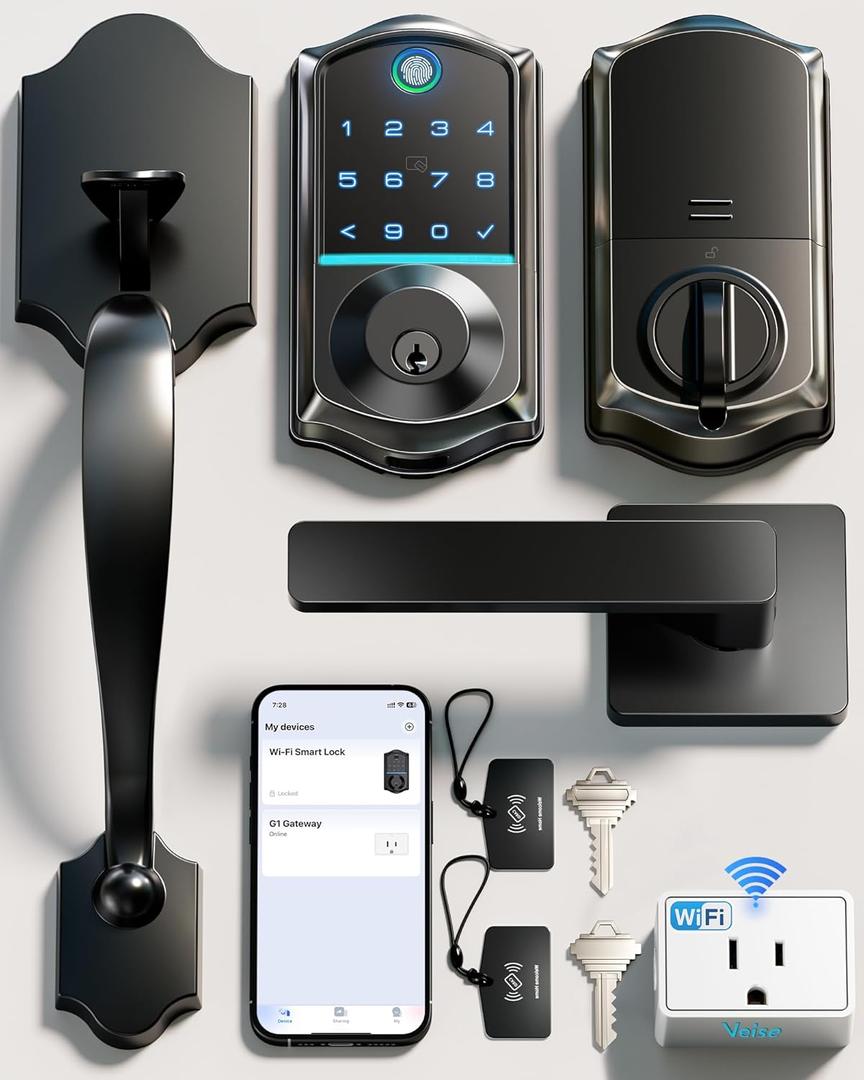 Veise VE017G-H Wi-Fi Smart Fingerprint Front Door Lock Set, Remote App Control, Keyless Entry Deadbolt with Handle, Backlit Keypad, IP55 Weatherproof, Auto Lock, Easy to Install, Matte Black