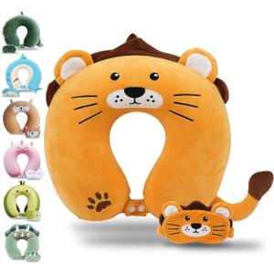 Sexysamba Cartoon Headrest & Neck Pillow for Kids Boys & Girls, Teens, Travel Accessories for Airplane, Car, Recline, Memory Foam Cute Travel Pillow with Sleep Eye Mask - Lion