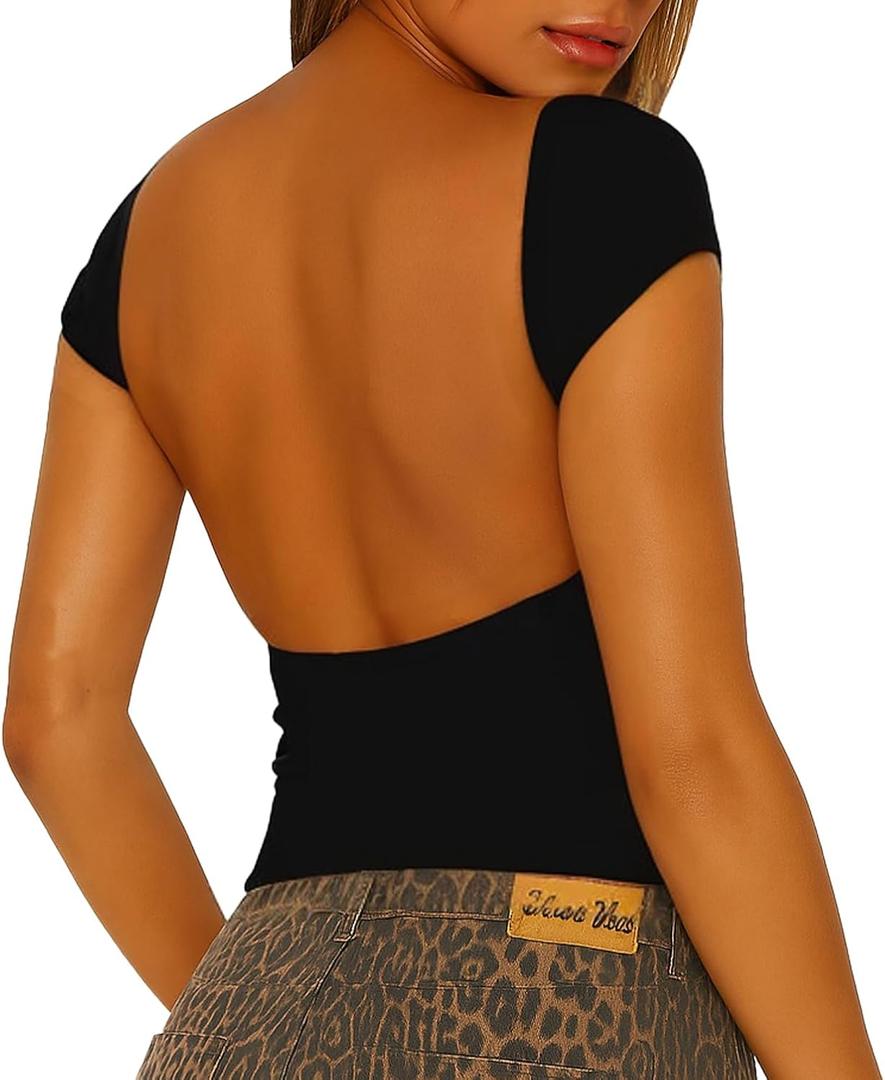 ForeFair Women Sexy Backless Short Sleeve Slim Fit Crewneck Summer Casual Y2K Crop Tee (Small, Black)