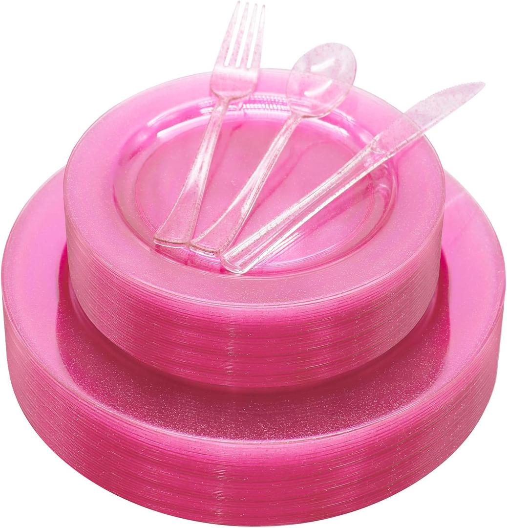 125 PCS Hot Pink Plastic Plates with Pink Plastic Silverware include 25 Dinner Plates 10.25”, 25 Dessert Plates 7.5”, 25 Forks, 25 Knives, 25 Spoons for Birthday, Bridal Shower,Girl Party