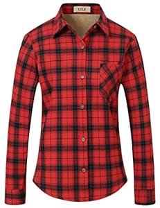 SSLR Fleece Lined Flannel Shirts for Women-Long Sleeve Flannel Jacket Button Down Plaid Shirts-Regular Fit, Casual (Large, Red Black)