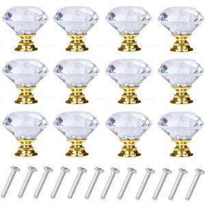 YourGift 12 Pack Drawer Knobs Diamond Shaped Crystal Glass 30mm Cabinet Knobs Pull Handles (Gold)