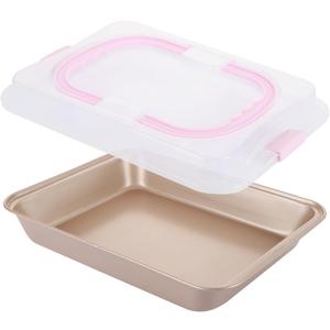 Non-Stick Cake Pan with Lid 9x13 Inch Gold Baking Cake Pan with Plastic Lid, High Sided Sheet Bakeware for Cakes, Brownies, Casseroles