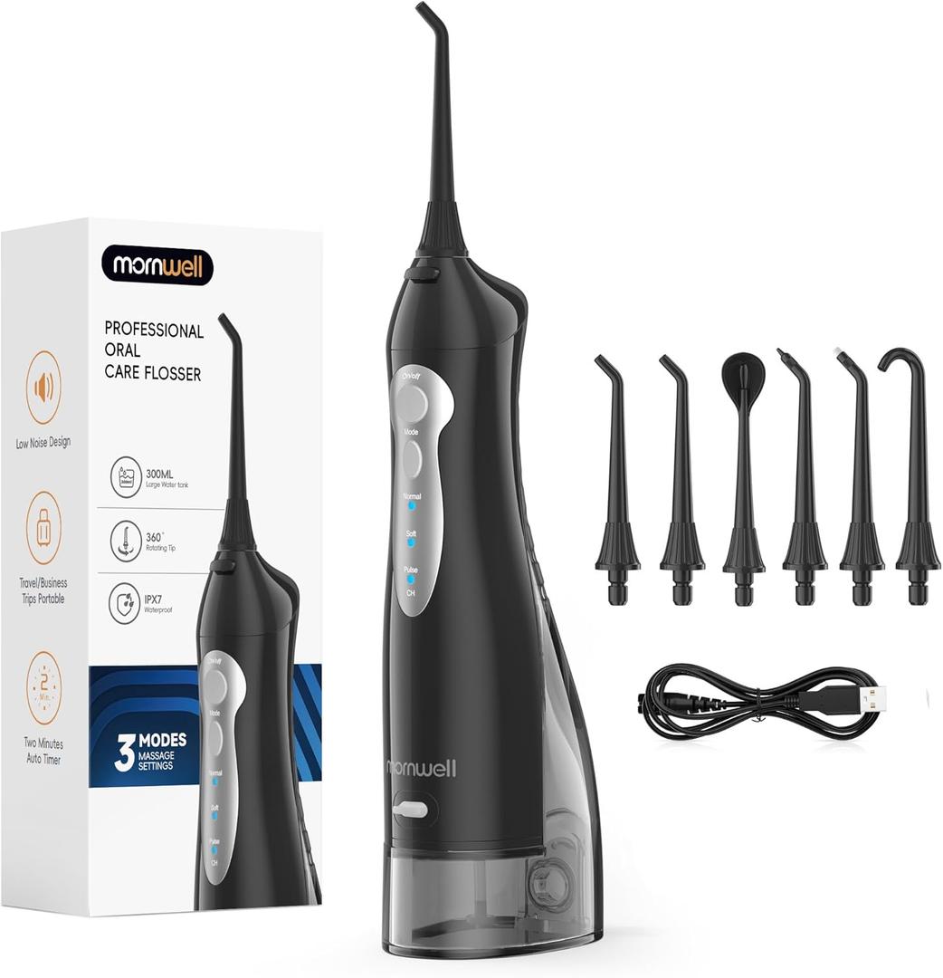 Mornwell Water Flosser Cordless, Water Flossers for Teeth - 300ML Tank and 4 Jet Tips, 3 Modes Portable Dental Oral Irrigator, Braces Care, Rechargeable Waterproof Portable Water Flosser (Black A)