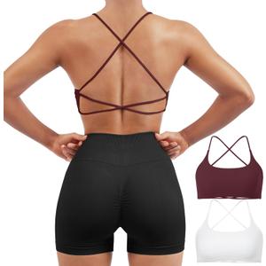 SUUKSESS Women 2 Piece Open Back Sports Bra Pack Strappy Workout Gym Yoga Crops (X-Small, #1 Pack (Red & White))