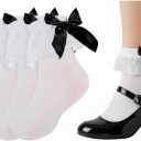 3 Pairs Women's White Ruffled Lace Frilly Anklet Socks White Bobby Socks with Retro Black Back Bow for Skirts (White)