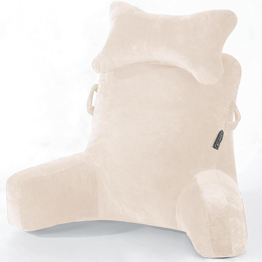 SLIGUY Reading Pillow-Bed Rest Pillow with Detachable Neck Roll & Higher Support Arm for Sitting in Bed Couch or Floor-Backrest Reading Pillow Adult Back Pillow for Reading/Watching TV/Gaming,Beige, Medium