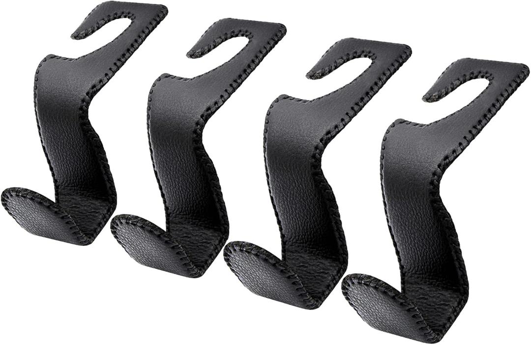 EldHus Seat Hooks for Purses and Bags, 4 Pack Car Purse Holder for Grocery Bag Handbag Clothes, Metal Headrest Hooks Covered by Leather, Black