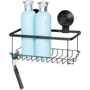iDesign Everett Metal Push Lock Suction Shower Caddy, Extra Space for Shampoo, Conditioner, and Soap with Hooks for Razors, Towels, Loofahs, and More, 9.1" x 4.53" x 3.63", Matte Black
