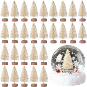 Sumind 96 Pieces Mini Bottle Brush Trees Small Artificial Christmas Trees with Wood Base Mini Sisal Tree for Xmas Party Table Craft Decor (Beige)
