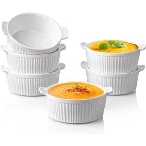 Delling Ramekins with Handle, 6 PACK Soup Bowls for French Onion Soup, Pot Pie, Lava Cakes, Creme Brulee, 6 Oz Porcelain Souffle Dish for Baking, White