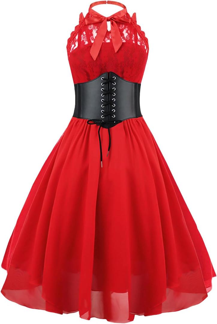 GOLDSTITCH Women's Sleeveless Gothic Lace Dress with Corset Halter Lace Swing Cocktail Dress (Medium, Red)