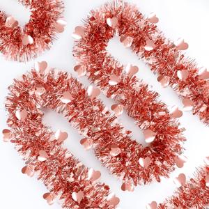 50Ft Valentines Heart Tinsel Garland, Rose Gold Heart Shiny Metallic Twist Valentines Day Garland Decorations for Indoor Outdoor Galentines Day Party Tree Home Wedding Mantle Decor
