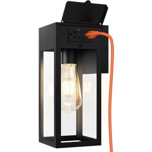 Porch Lights Outdoor Wall Sconce, Outdoor Light with GFCI Outlet, Waterproof Exterior Wall Lantern Light Fixtures, Anti-Rust Wall Lamp with Clear Glass for Patio Doorway Garage- Black, 1 Pack