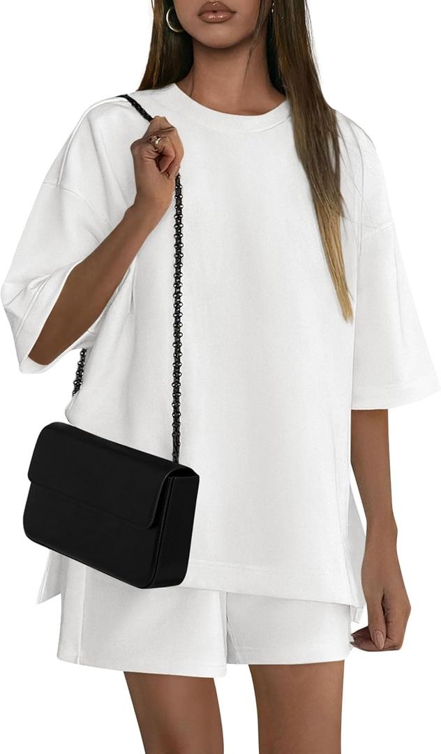 PRETTYGARDEN Women's 2 Piece Lounge Sets 2025 Summer Short Sleeve Tunic Tops Drawstring Shorts Matching Outfits Tracksuits (White,Small) (White, S)