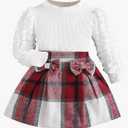 Noubeau Toddler Girls Plaid Outfits Girls Puff Sleeve Knit Ribbed Shirt Tops Plaid Skirt Set Kids Fall Winter Clothes Size 7Y