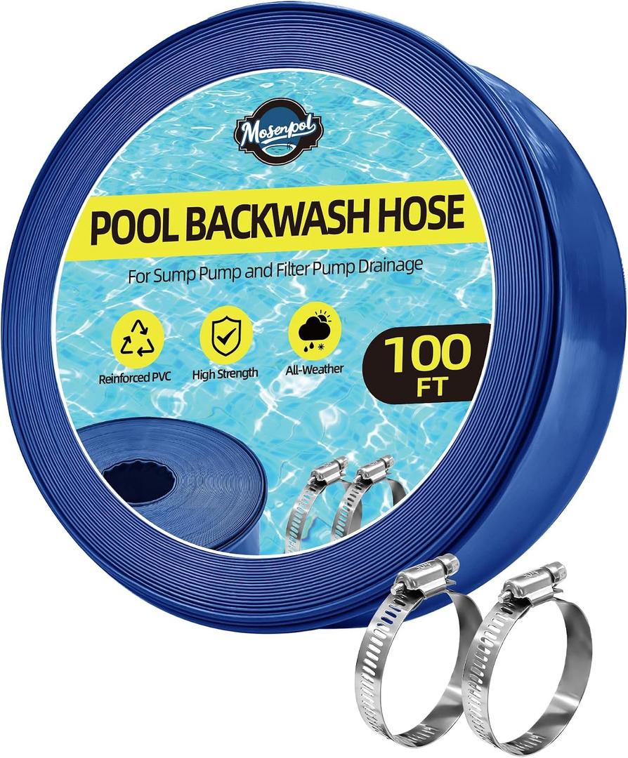 Pool Backwash Hose 1-1/2" x 100 FT - Heavy Duty Layflat Sump Pump Hose, Weather and Burst Resistant PVC Discharge Hose with 2 Clamps for Water Transfer, Pool Drainage, Pool Drain