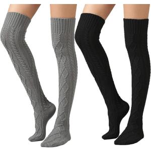 SherryDC Women's Cable Knit Thigh High Boot Socks Extra Long Winter Stockings Leg Warmers (2 Packs Grey+black)