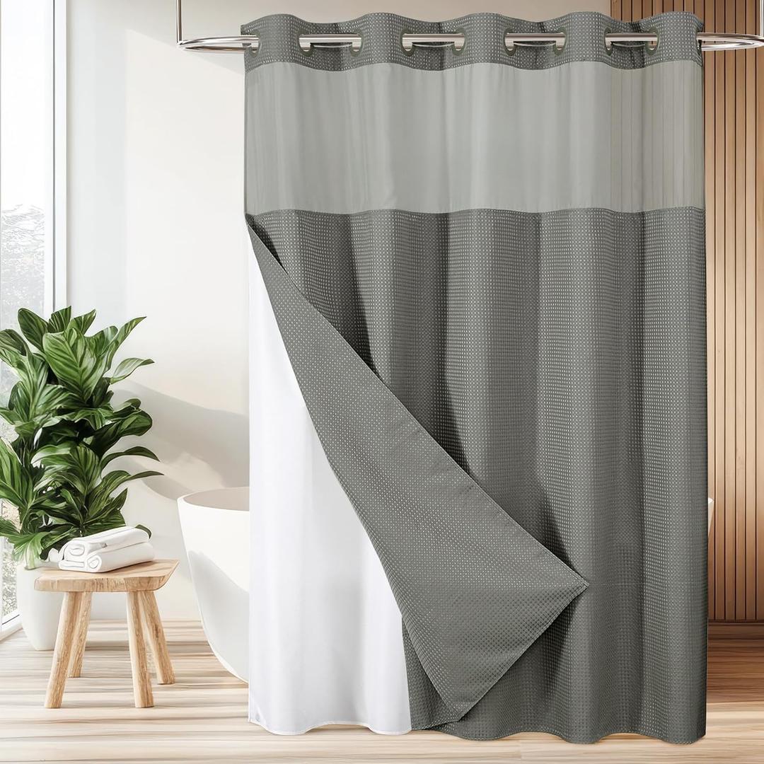 Colorful Star Extra Long Waffle Weave Shower Curtains, 256GSM Heavy Duty Shower Curtain with Snap in Fabric Liner, Hotel Style No Hook Waterproof Bathroom Curtain Set, 72 x 87 Inch, Grey