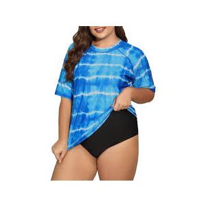 Womens Two Piece Plus Size Short Sleeve Rash Guard Sets Modest Swim Shirts Top and Shorts UPF50+ Swimsuit, 1X
