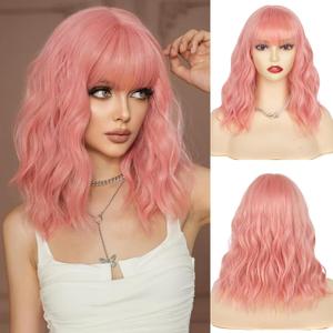 NAYOO Short Pink Wig with Bangs, 14 Inch Pink Bob Wig with Bangs for Women, Shoulder Length Wavy Glueless Curly Bob Wig, Synthetic Cosplay Halloween Wig Girls Cosume