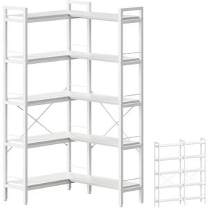 Huuger 5 Tier Bookshelf, L Shaped Corner Bookshelf with 10 Open Shelves, 49.4 Inch Straight Wide Bookcase with Metal Frame and Wooden Board, Adjustable Feet, White