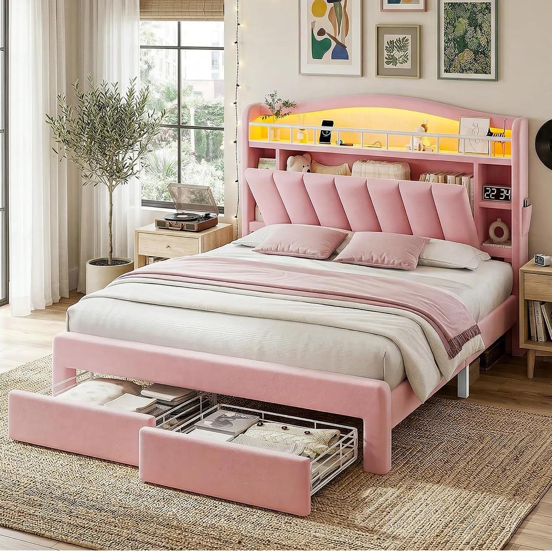 MapleGrace LED Queen Bed Frame with Storage, Pink