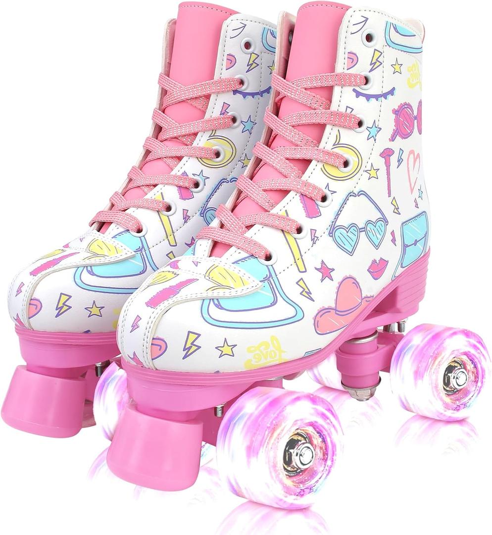 YYW Roller Skates for Girls and Women, Cute White PU Leather Light Up Kids Youth Girls Indoor Outdoor Roller Skates Ages 6-12 (White, 37-US Women 7/ Youth 6)
