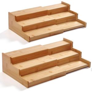 JinDoWin 2 Pack Bamboo Spice Organization for Cabinet, Cabinet Spice Organizer, 3-Tier Spice Rack Organizer for Cabinet, Kitchen Seasoning Organizer & Seasoning Rack (Brown)