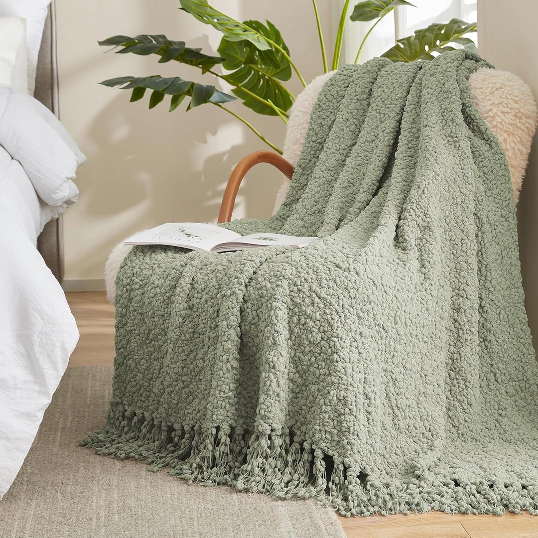 Amlie Home Knit Throw Blanket with Tassels for Couch, Luxury Boho Throw Blanket for Summer Sage Green, 50"x60"
