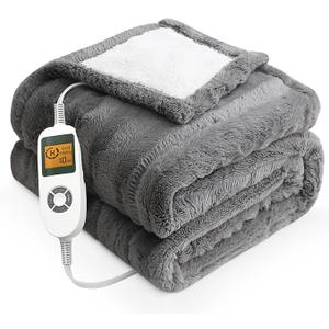  Electric Heated Blanket Throw with 1-10hrs Timer Auto-Off & 10 Heating Levels, Faux Fur & Sherpa Heating Blanket with ETL Certified, Machine Washable (50”x60”, Grey)