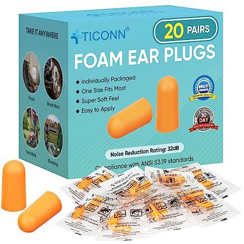 TICONN 20 Pairs Foam Ear Plugs, Individually Wrapped 32dB NRR Noise Reduction Earplugs for Sleeping Hearing Protection Travel Study Concentration Construction Site (Orange,20 Pairs)