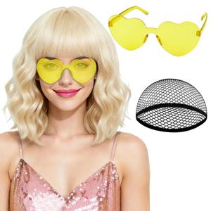 PLULON Blonde Wavy Bob Wig with Bangs Heart Sunglasses for Women, Colored Neon Bob Shoulder Length Wigs with Hair Cap for Christmas Outfit 80s Retro Theme Party Birthday Cosplay Halloween Costume