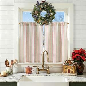 jinchan Striped Linen Kitchen Curtains 26x36 Inches Christmas Tier Curtains Farmhouse Modern Cafe Style Small Window Treatments Airy Light Filtering Rod Pocket for Living Room Bathroom 2 Panels Candy