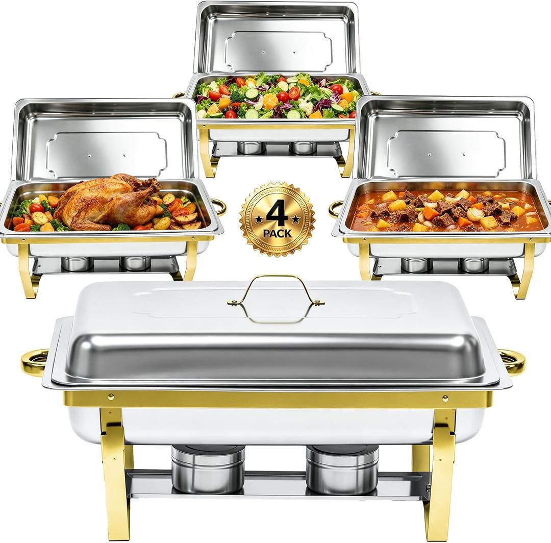 9QT Chafing Dishes for Buffet 4 Pack with 4 Full-Size Pans, Gold
