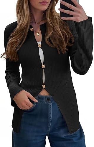Saodimallsu Womens Ribbed Long Sleeve Sweater Tops Button Up Crewneck Slim Fitted Cardigans Sexy Going Out Knit Shirts XL