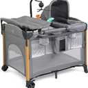 JOYMOR 7 in 1 Bedside Bassinet with Changing Table, All in One Nursery Center, Bedside Sleeper with Mattress, Sheet, Canopy, Storage Shelf,Gray, 43*30*33 inch