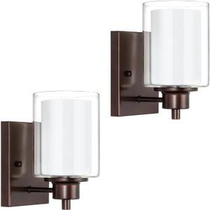 2 Pack Bath Vanity Light Fixtures, Modern Indoor Wall Scone Lighting with Dual Glass Shade, Oil Rubbed Bronze Wall Lamp for Bedroom Mirror Kitchen Living Room Entryway